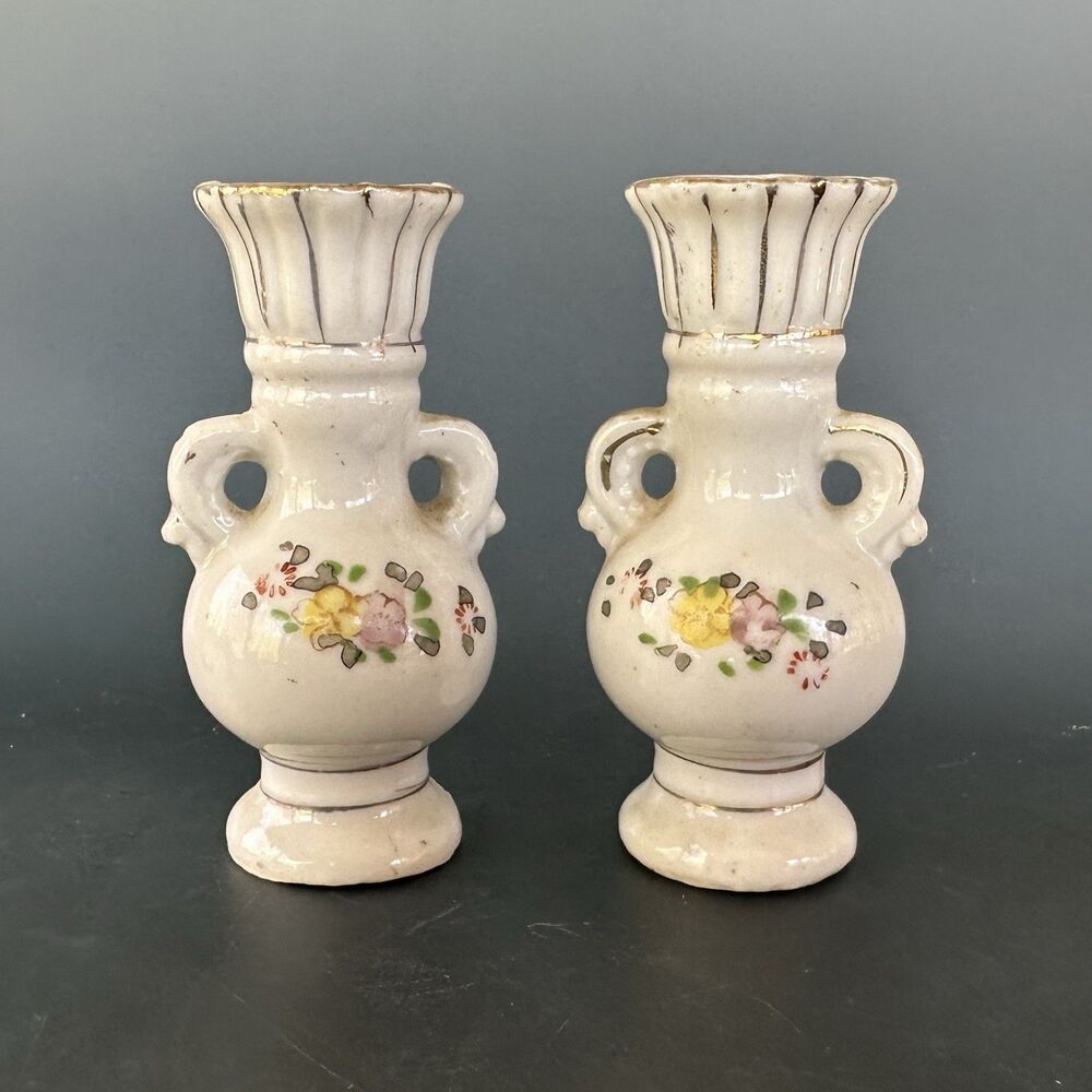 Vintage Occupied Japan Mini Bud Vases Pair Floral Hand Painted Ceramic 3.5in